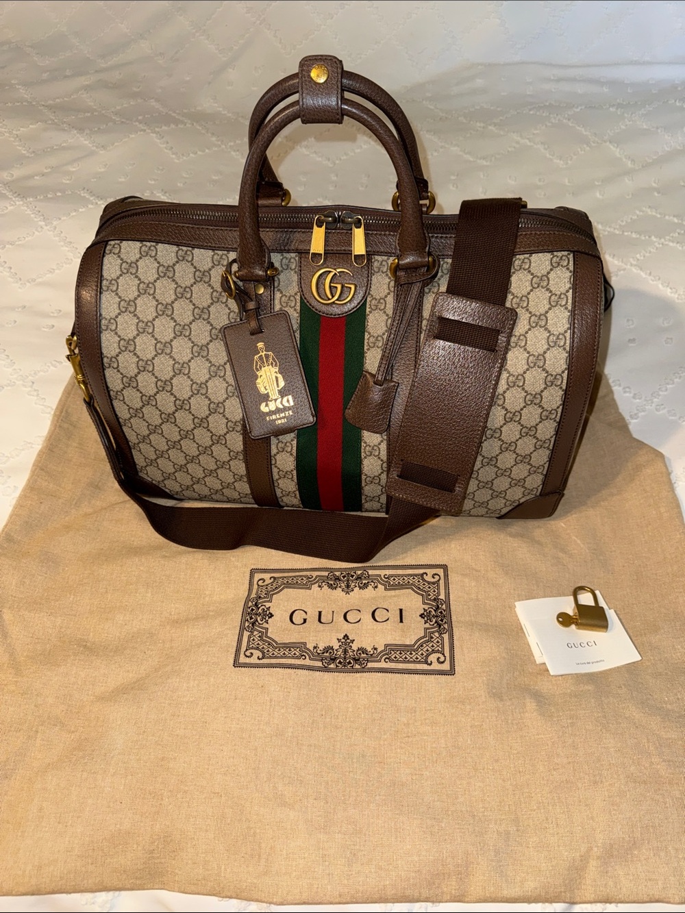 Gucci Brown GG Supreme Canvas Duffel with Green-Red Web Stripe MENS/ UNISEX